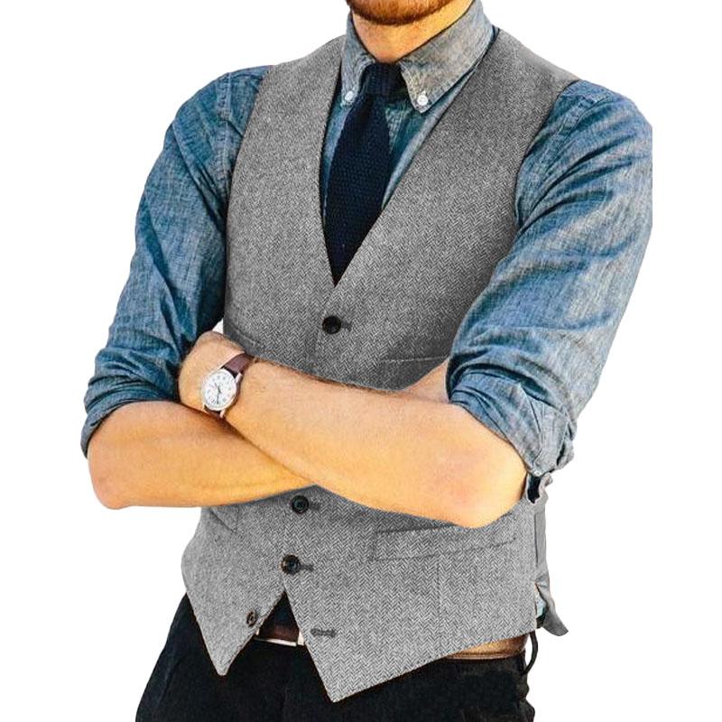 Mens Vintage V Neck Herringbone Single Breasted Suit Vest 21328439M