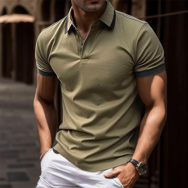 Mens Contrasting Color Casual Button Short Sleeve Lapel Polo Shirt 68604527X