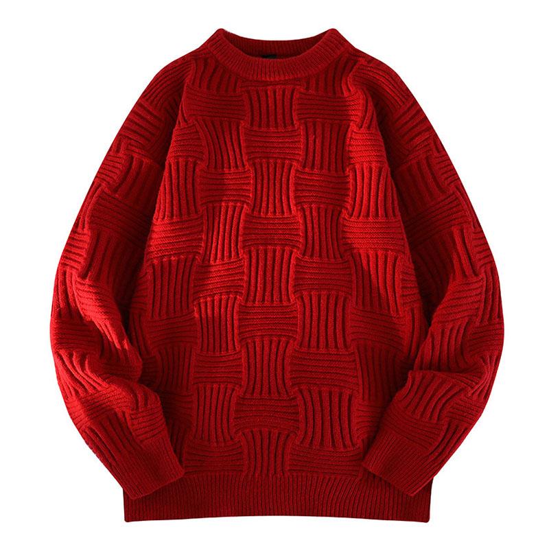 Mens Casual Solid Color Round Neck Wavy Texture Pullover Knitted Sweater 41127445M