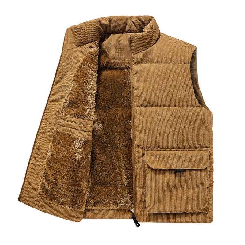 Mens Casual Solid Color Corduroy Warm Fleece Multi-Pocket Vest 62955730Y