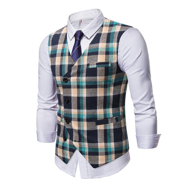 Mens Casual Plaid Single Breasted Suit Vest 98330524Y