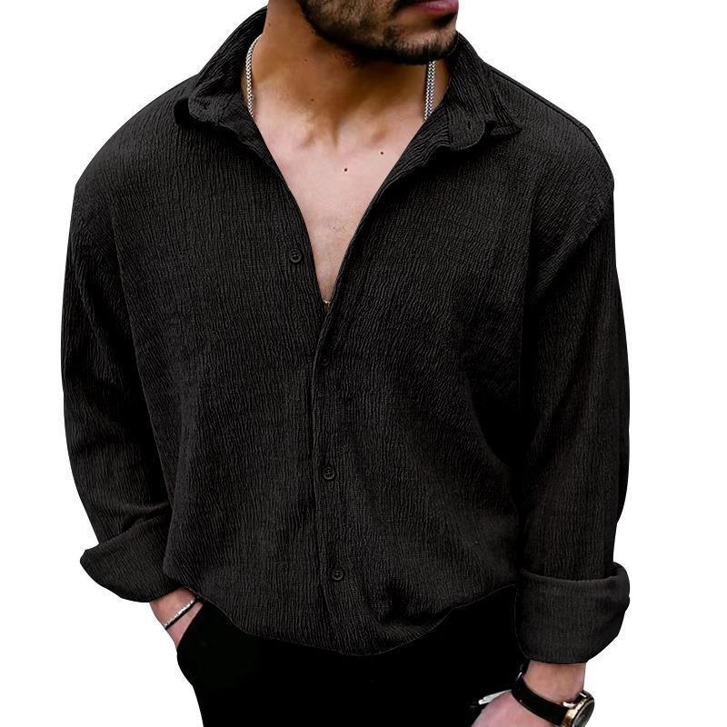 Mens Solid Loose Linen Lapel Long Sleeve Shirt 20359085Z