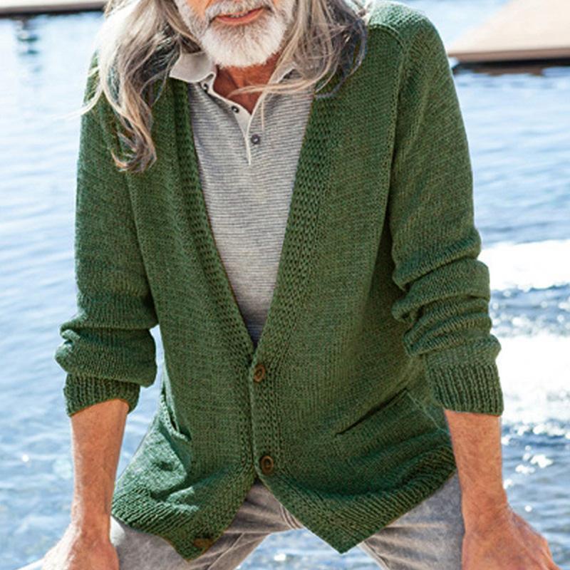 Mens Casual V-Neck Solid Color Single-Breasted Knitted Cardigan 94357944M
