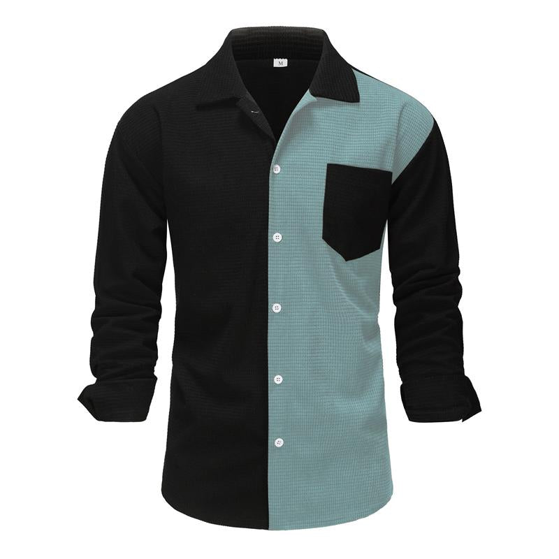 Mens Color Block Long Sleeve Corn Check Corduroy Lapel Shirt 53131486X