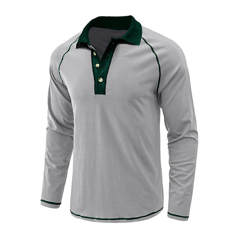 Mens Casual Color Contrasting Lapel Long Sleeve Polo Shirt 04563249M
