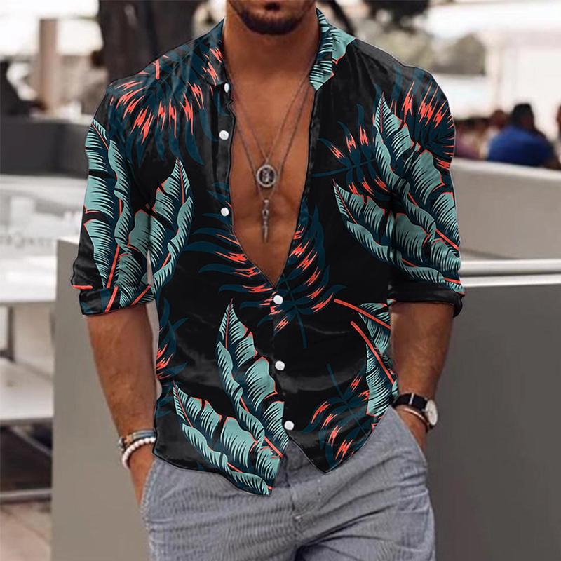Mens Palm Leaf Print Casual Long Sleeve Lapel Shirt 43983750X