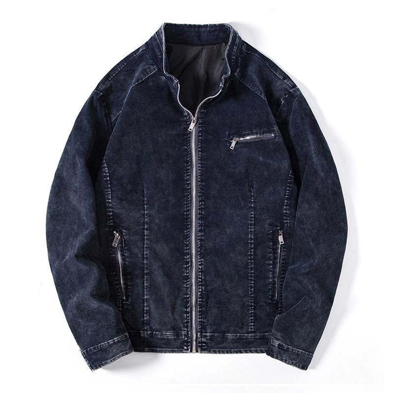 Mens Vintage Washed Distressed Stand Collar Zipper Denim Jacket 38335876M