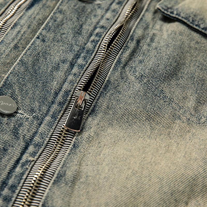 Mens Vintage Distressed Washed Loose Lapel Single-Breasted Denim Jacket 33911061M