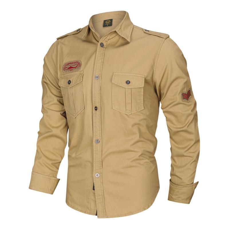 Mens Casual Solid Color Cotton Long Sleeve Cargo Shirt 50323941Y