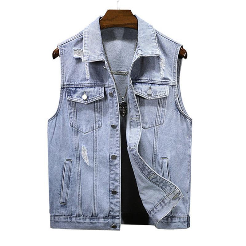Mens Vintage Washed Ripped Lapel Lapel Single Breasted Denim Vest 74878409M