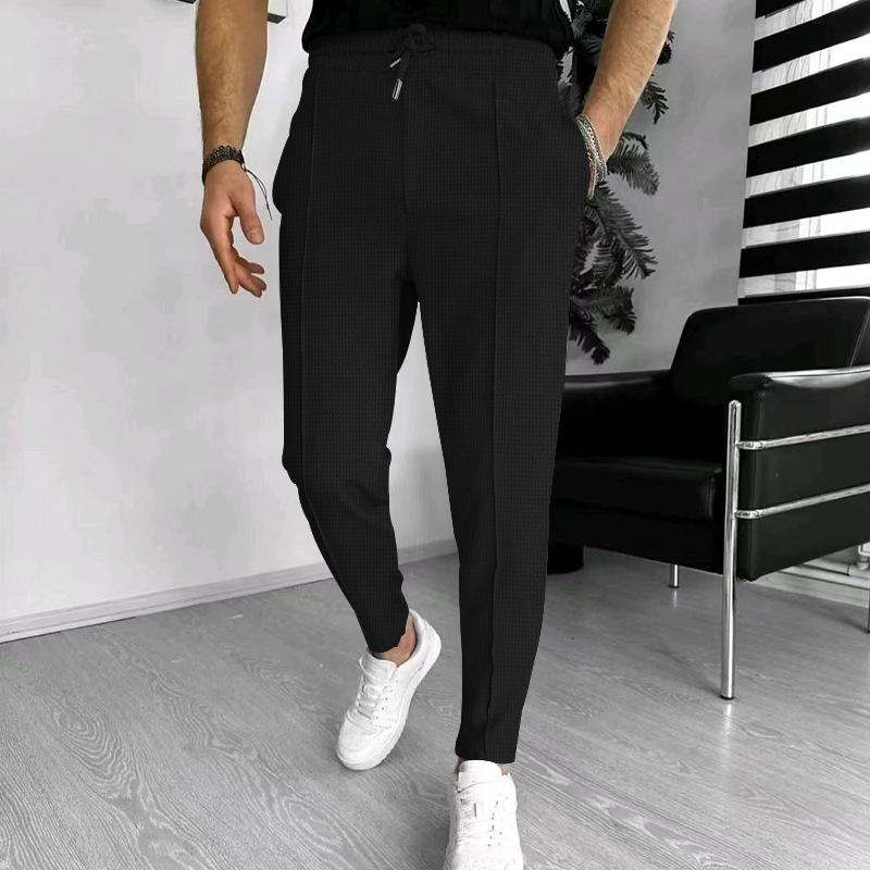 Mens Solid Waffle Elastic Waist Slim Casual Trousers 33746822Z