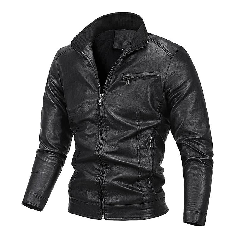 Mens Vintage Stand Collar Velvet Zipper Motorcycle Leather Jacket 80627391M