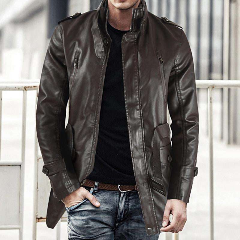 Mens Vintage Stand Collar Thickened Warm Mid-Length Zippered Leather Coat 59546013M