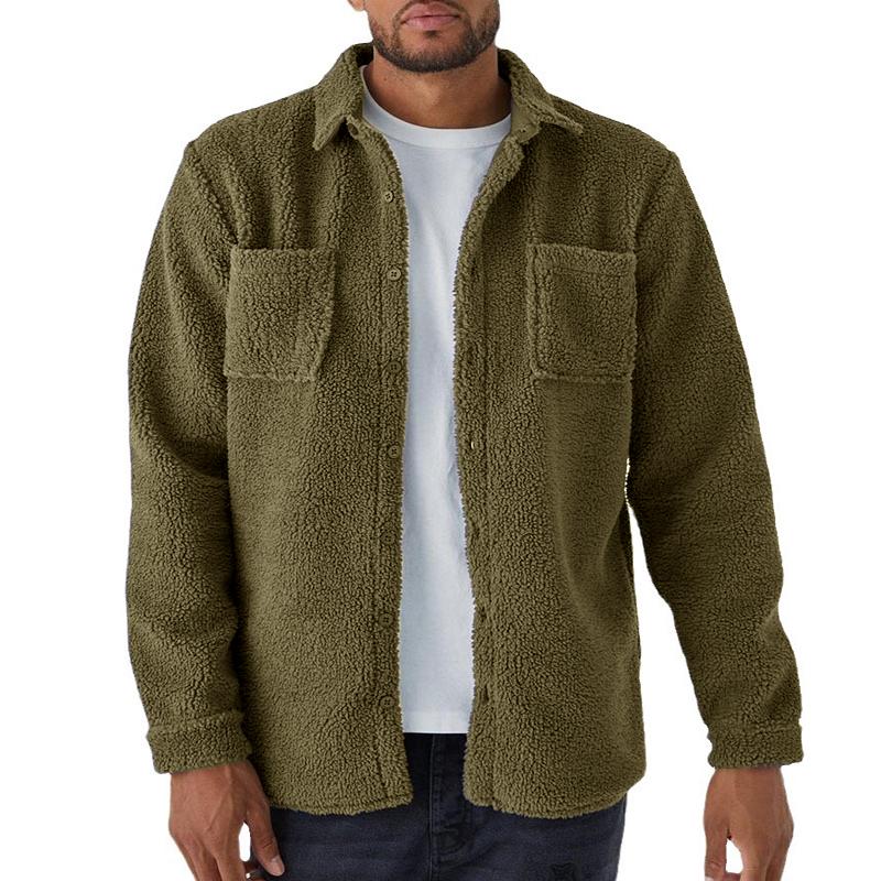 Mens Retro Solid Color Teddy Plush Loose Double Breast Pockets Lapel Jacket 77524583Y
