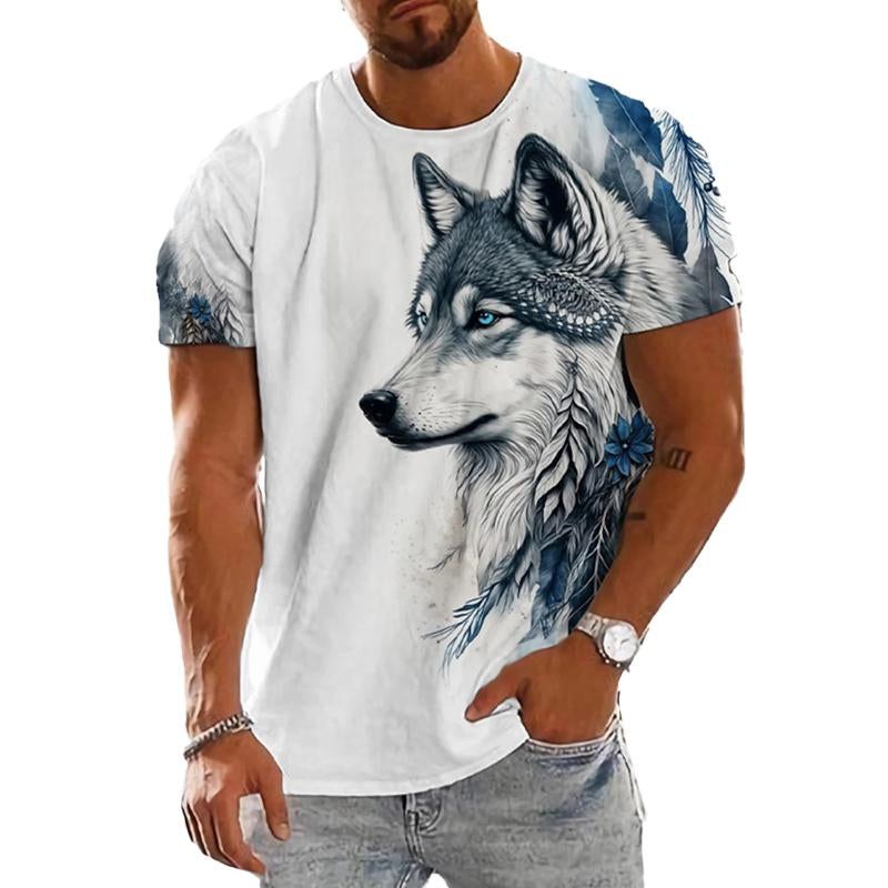 Mens Round Neck Wolf Head Print Short Sleeve T-Shirt 87507842X