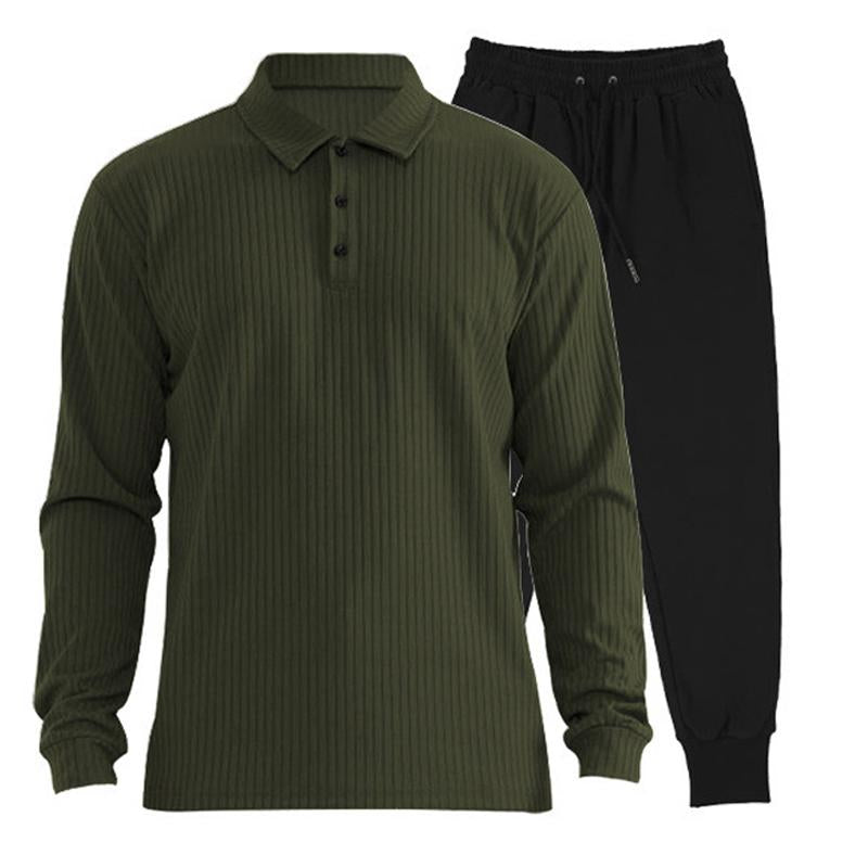 Mens Versatile Lapel Polo Shirt and Trousers Casual Two-piece Set 46121807X