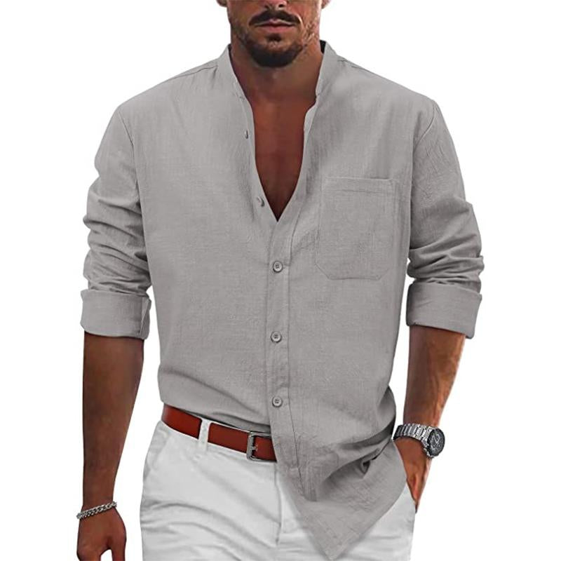 Mens Casual Solid Color Stand Collar Slim Cotton Linen Long Sleeve Shirt 71104955M