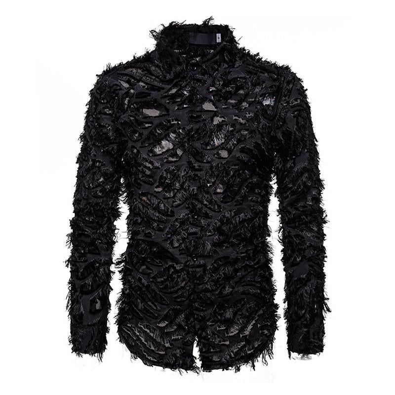Mens Vintage Handmade 3D Feather Lapel Long-Sleeved Shirt 31314315M
