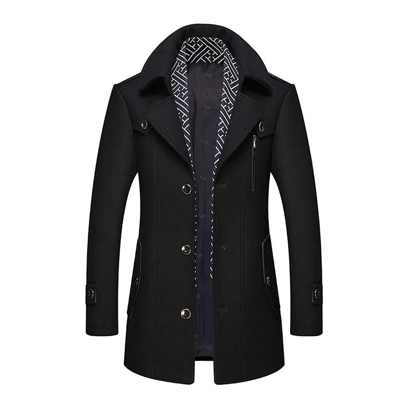 Mens Casual Wool Blend Scarf Collar Warm Mid-Length Lapel Single-Breasted Coat 15758532M
