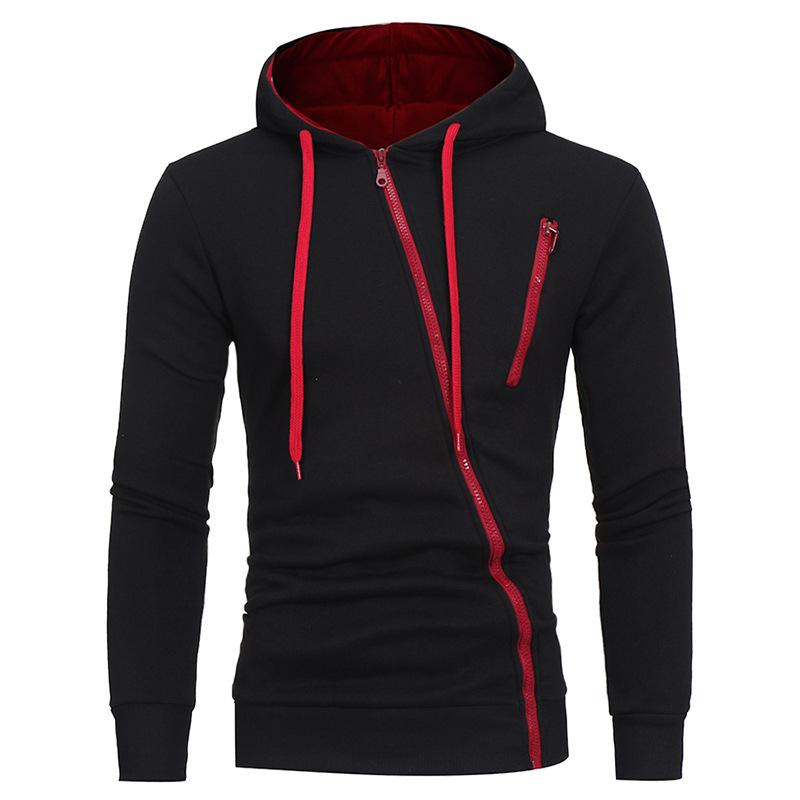 Mens Color-block Diagonal Zipper Long Sleeve Casual Hoodie 75932713Z