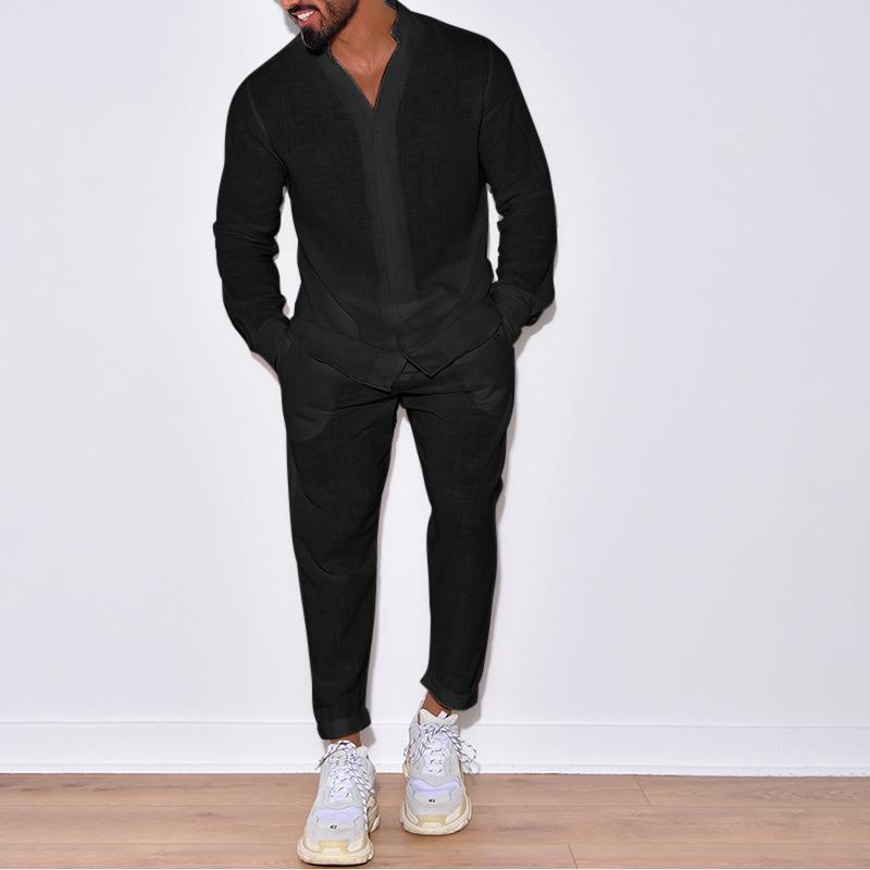 Mens Solid Loose Linen Stand Collar Long Sleeve Shirt Trousers Set 87851380Z