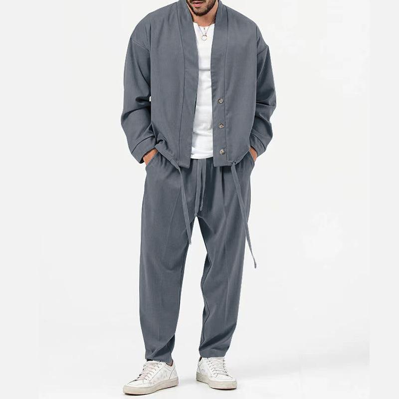 Mens Solid Loose Collarless Cardigan Trousers Casual Set 26852204Z