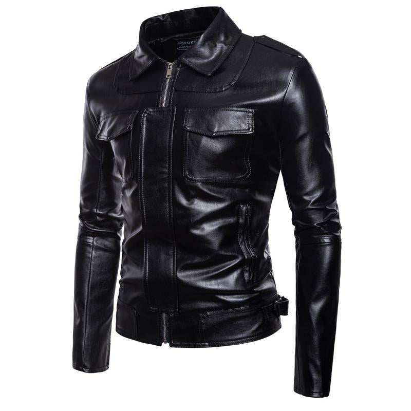 MenS Motorcycle Rugged Style Lapel Double Chest Pockets Leather Jacket 94260394Y