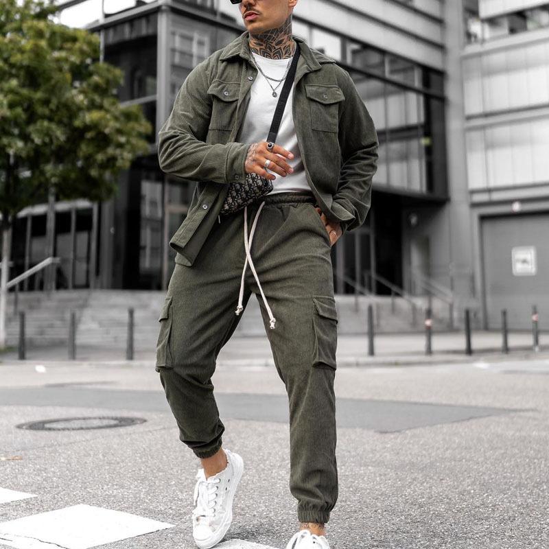 Mens Casual Corduroy Work Shirt Elastic Waist Pants Set 08078005M