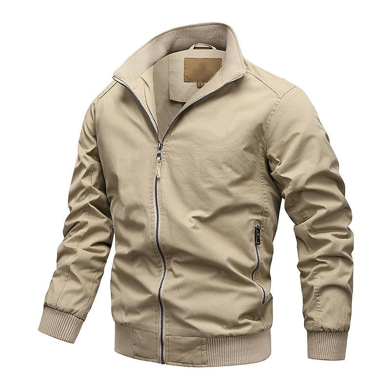 Mens Casual Thin Cotton Zipper Loose Stand Collar Long Sleeve Jacket 46891501M