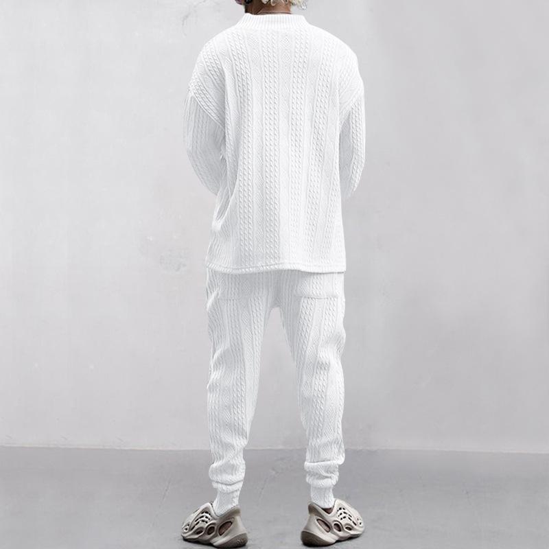 Mens Solid V-Neck Jacquard Knitwear Long Sleeve Top And Trousers Set 04682453Z