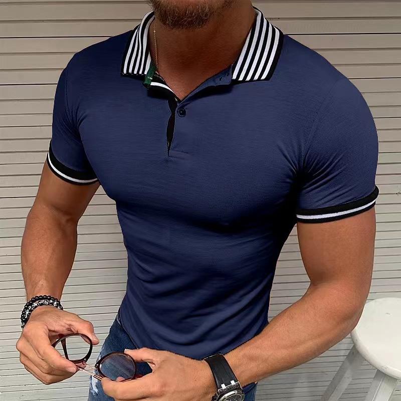 Mens Striped Lapel Solid Color Short Sleeve Polo Shirt 92056343Z
