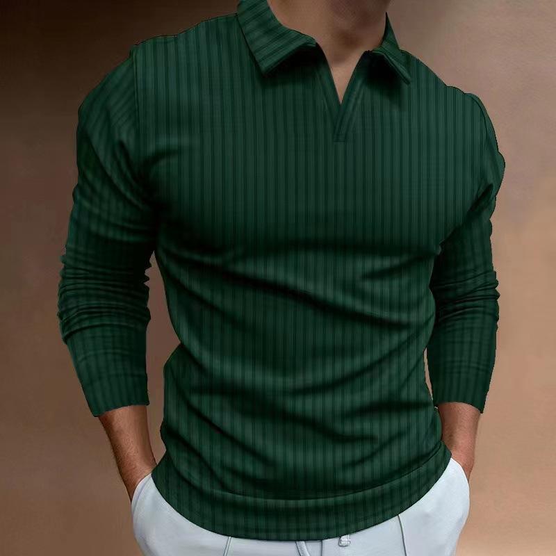 Mens Casual Solid Color Striped V-Neck Long Sleeve POLO Shirt 93502950Y