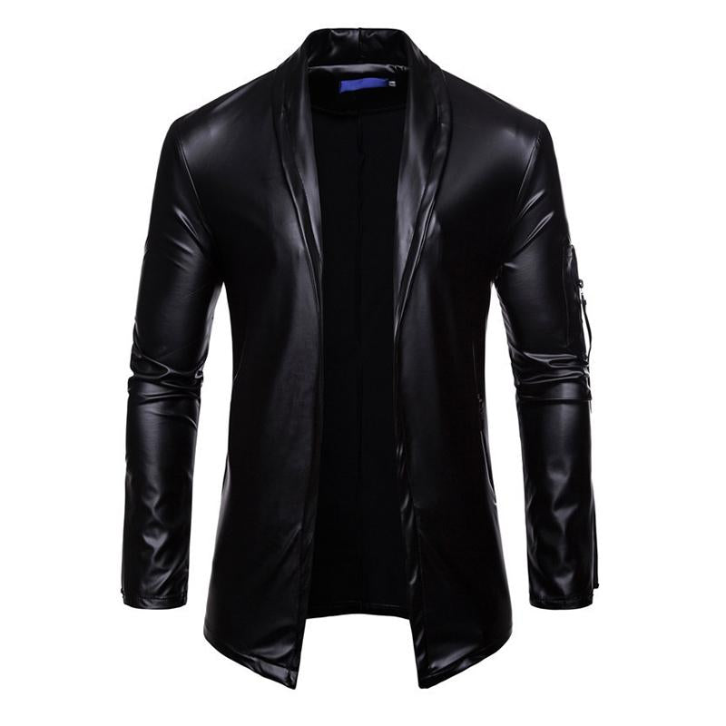 Mens Lapel Motorcycle Solid Color Leather PU Jacket 54601462X