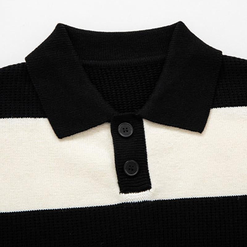 Mens Casual Contrast Color Striped Polo Collar Long Sleeve Loose Sweater 13307346M