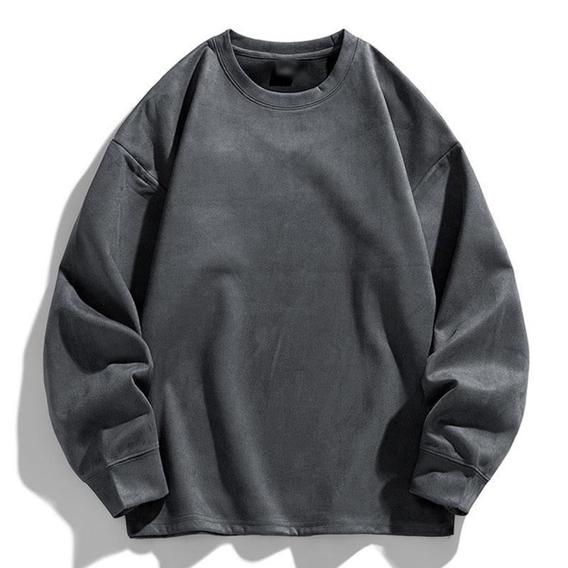 Mens Vintage Solid Color Suede Round Neck Loose Pullover Sweatshirt 99370869M