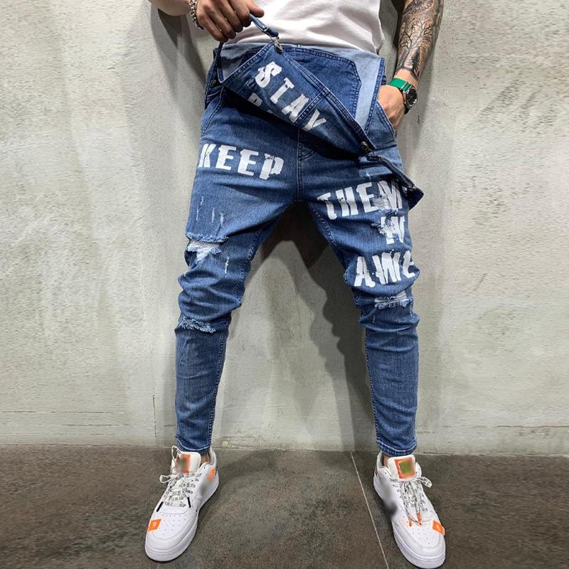 Mens Casual Letter Print Denim Overalls 84601812Y