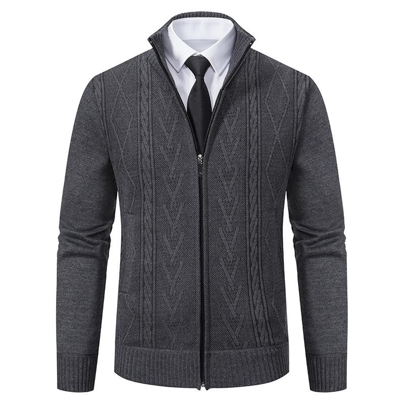 Mens Stand Collar Jacquard Thickened Casual Knitted Jacket 58330673X