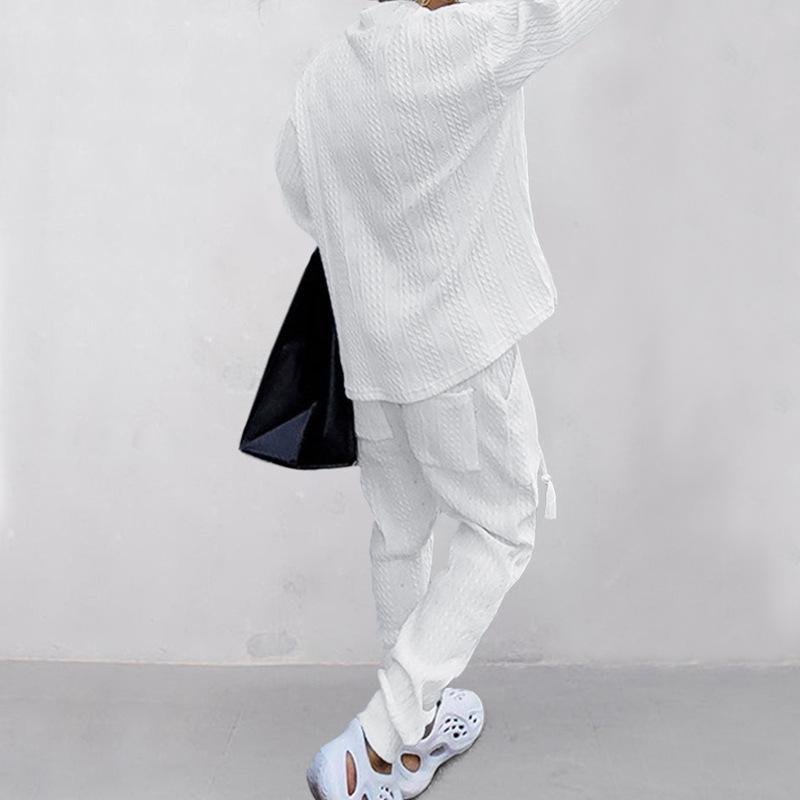 Mens Solid V-Neck Jacquard Knitwear Long Sleeve Top And Trousers Set 04682453Z
