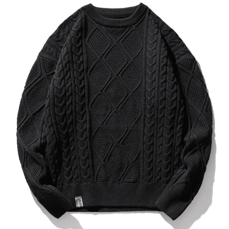 Mens Loose Solid Color Cable Round Neck Pullover Sweater 34106628Y