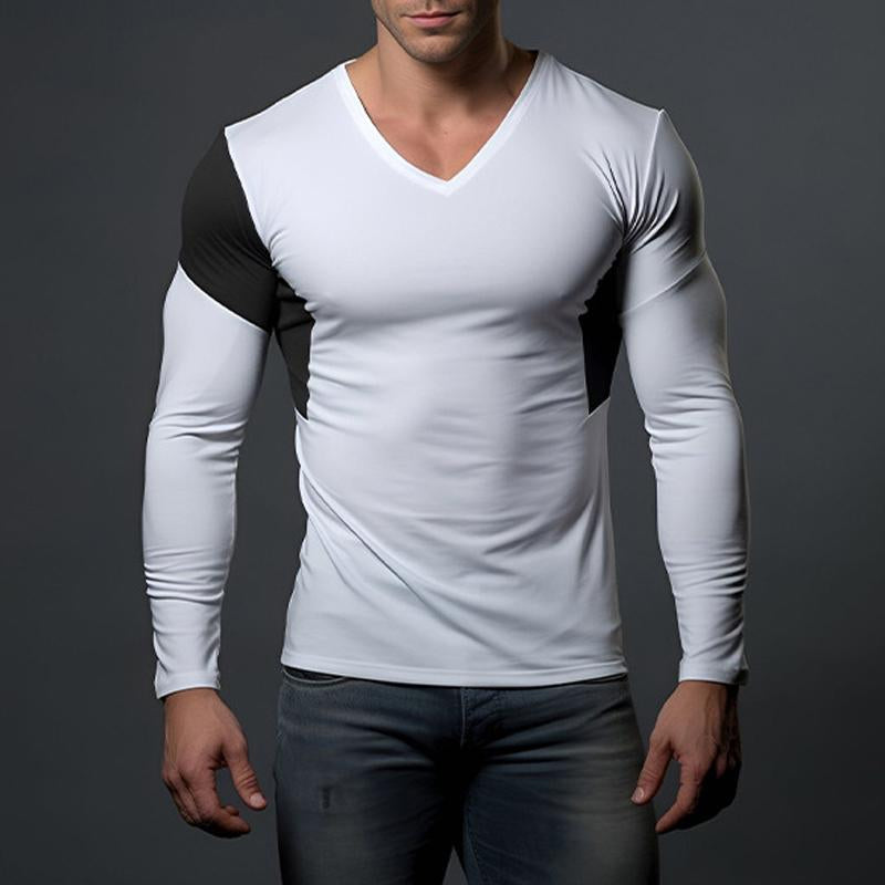 Mens Casual V-Neck Color Block Long Sleeve T-Shirt 96547744Y