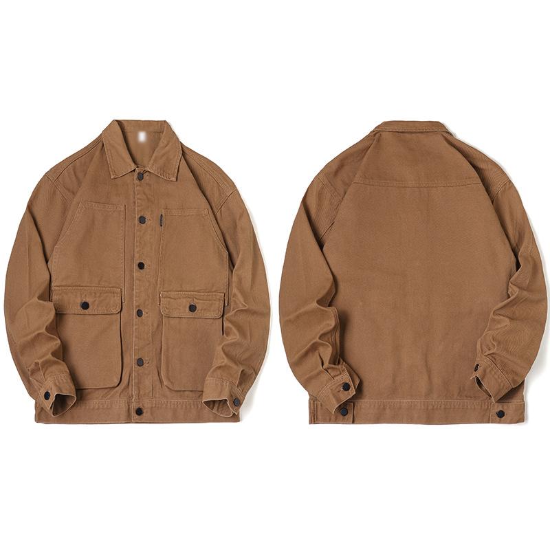 Mens Vintage Solid Color Cotton 3D Pocket Loose Lapel Single-Breasted Jacket 14172939M