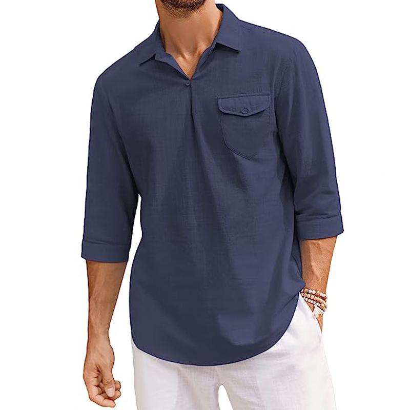 Mens Casual Solid Color Lapel Cotton Linen 3/4 Sleeve Shirt 75900744M