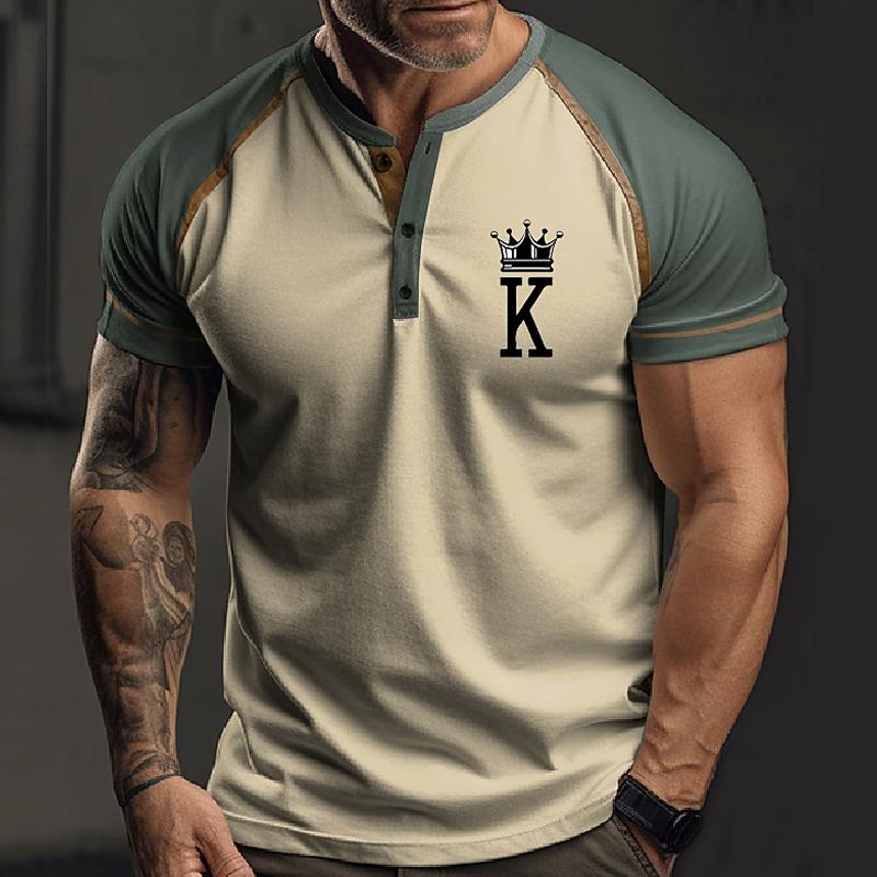 Mens Casual Letter Print Colorblock Henley Collar Short Sleeve T-Shirt 19858989Y
