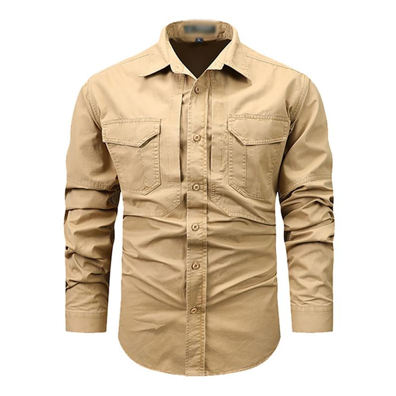 Mens Casual Washed Lapel Multi-pocket Loose Cargo Shirt 10090206M