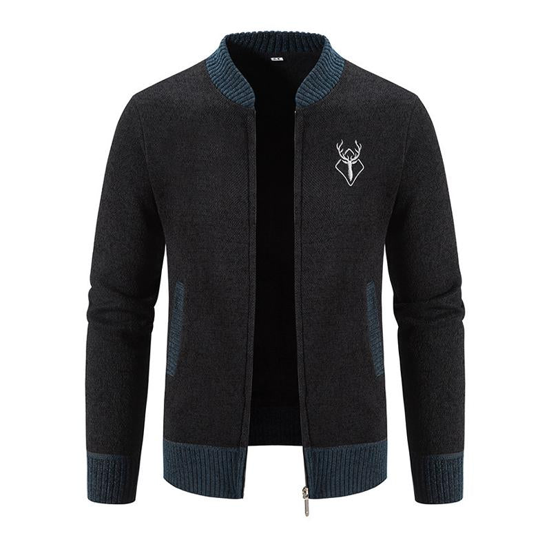 Mens Retro Colorblock Stand Collar Embroidered Warm Cardigan 08327801Y