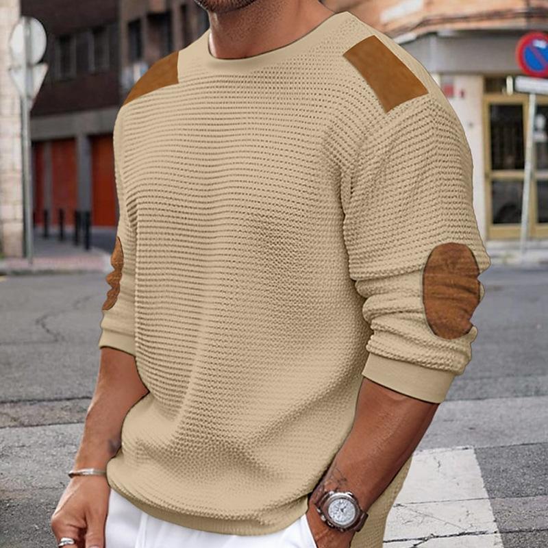 Mens Casual Round Neck Long Sleeve Patchwork Slim Pullover Knitted Sweater 02555996M