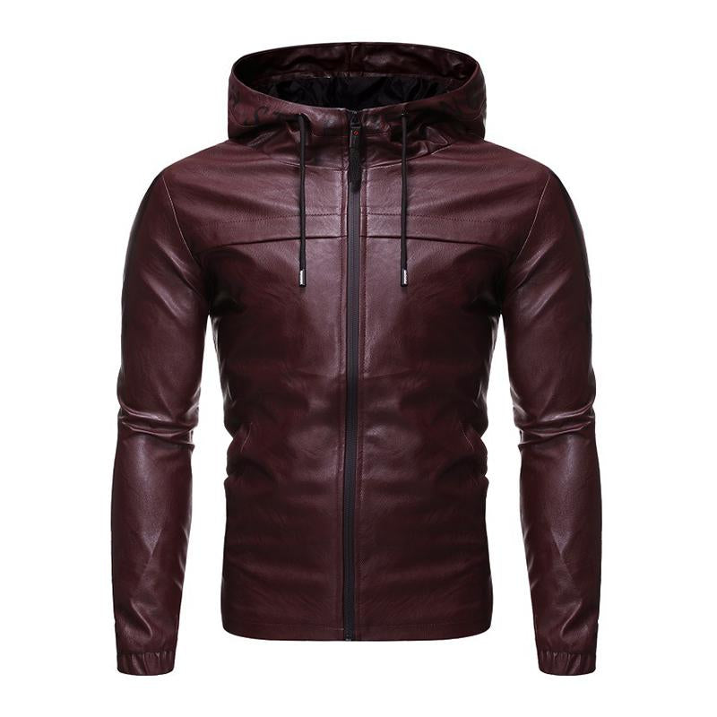 Mens Fashion Hooded Long Sleeve Zippered Leather Jacket 39712909M