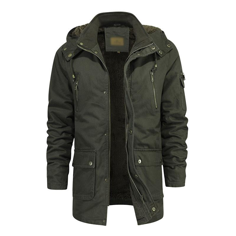 Mens Casual Cotton Multi-Pocket Hooded Zipper Fleece Lined Warm Mid-Length Coat 66242493M