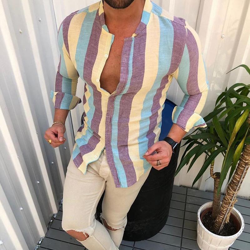 Mens Color Striped Buttons Long -sleeved Shirt 57442743X