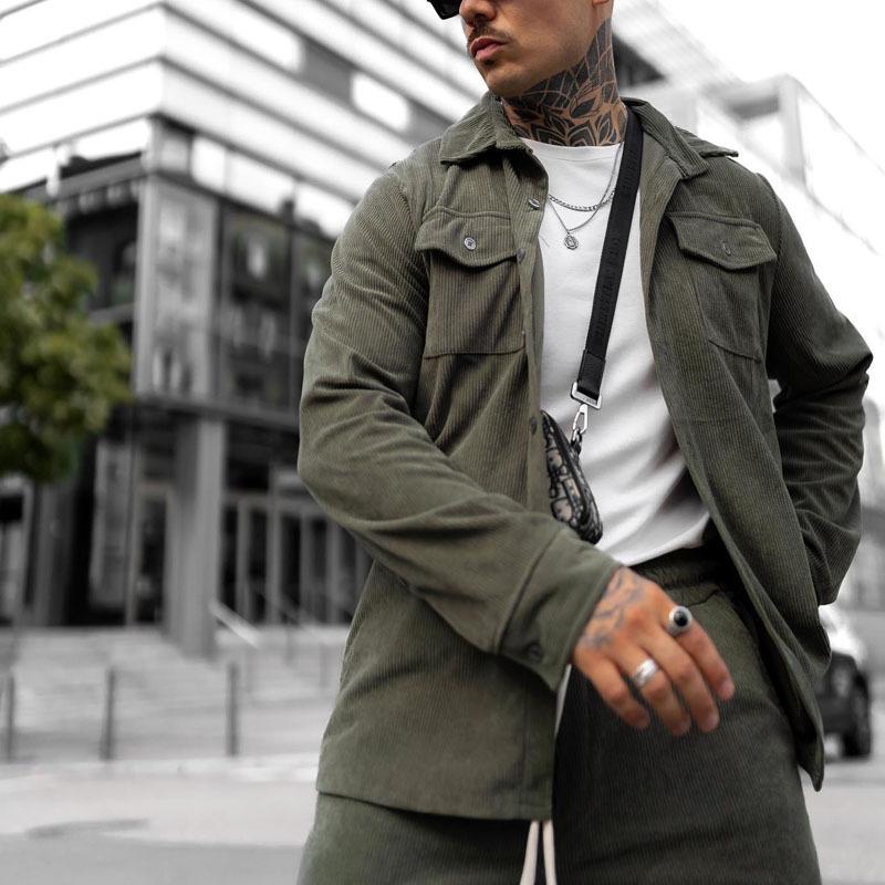 Mens Casual Corduroy Work Shirt Elastic Waist Pants Set 08078005M